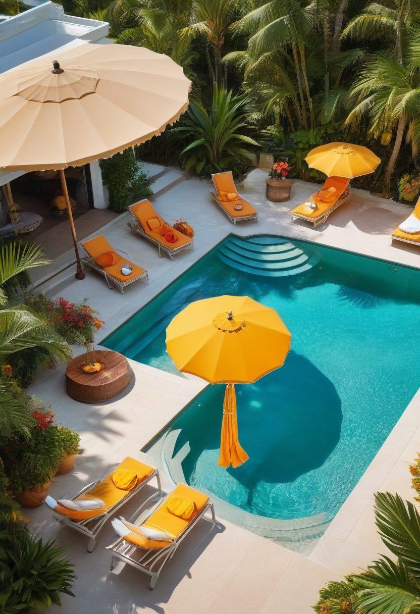 A stunning beach scene transitioning into a luxurious pool area, featuring diverse women of varying ethnicities showcasing vibrant bikini styles. The sun casts a golden glow on the water, and colorful beach umbrellas and lounge chairs surround the pool. Flowers and tropical plants add a touch of paradise, emphasizing a sense of relaxation and elegance. super-realistic. vibrant colors. summer vibes.