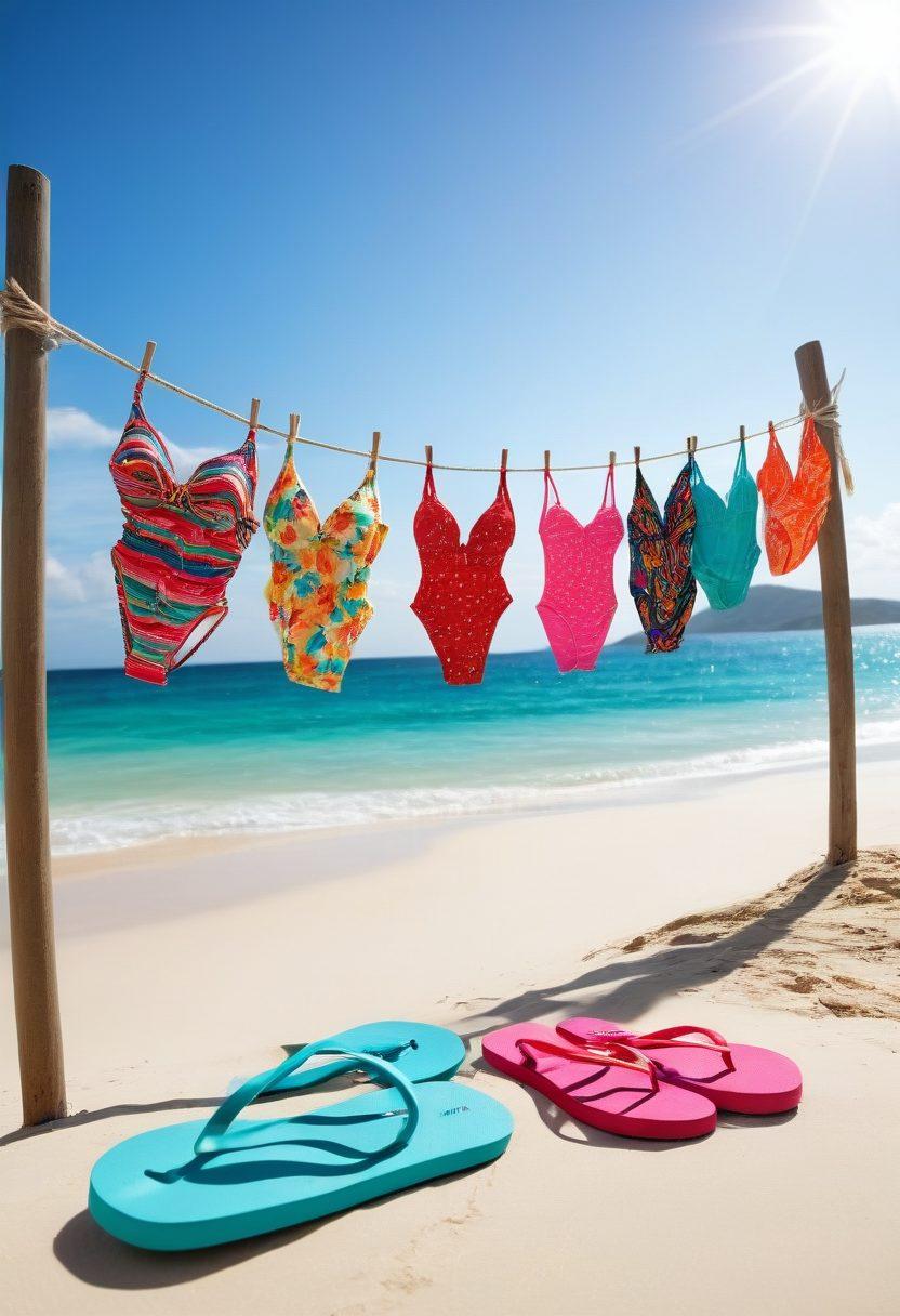A sun-soaked beach scene featuring a stylish selection of vibrant bikinis and thongs on a clothesline, with crystal-clear water and soft white sand in the background. Include playful beach accessories like flip-flops and sunglasses scattered around. A diverse group of cheerful friends, of various ethnicities, joyfully trying on swimwear, showcasing the concept of renting outfits. Bright and inviting colors to evoke a fun summer vibe. super-realistic. vibrant colors. beach setting.