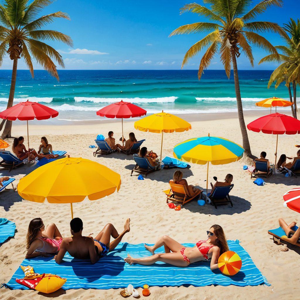 A sun-soaked beach scene featuring a diverse group of stylish individuals showcasing trendy thong swimwear and bikinis. Vibrant umbrellas, beach balls, and tropical drinks complete the scene, with crystal-clear waves in the background. Incorporate playful summer motifs like shells and starfish. Bright and inviting colors to evoke a festive summer vibe. super-realistic. vibrant colors.